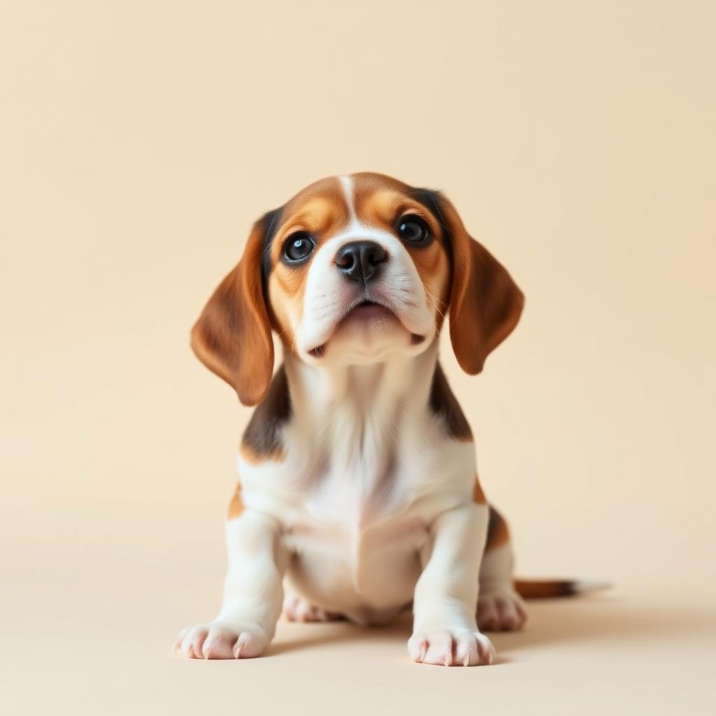 Portrait of a cheerful beagle puppy on a warm cream background