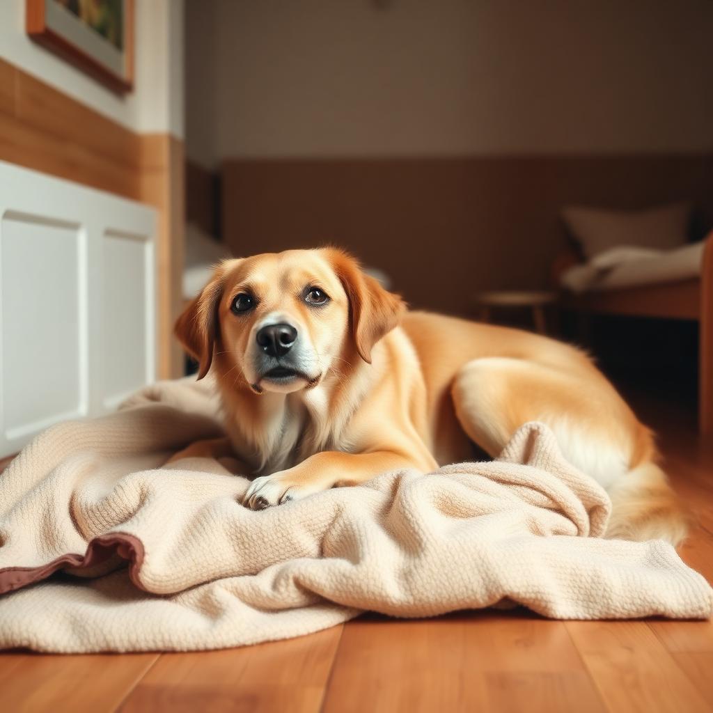 A relaxed dog resting on a soft blanket in a cozy indoor setting