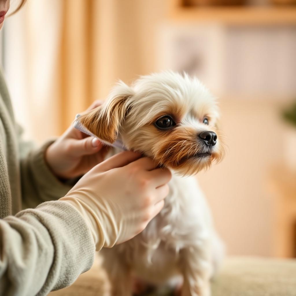 A small dog being gently groomed